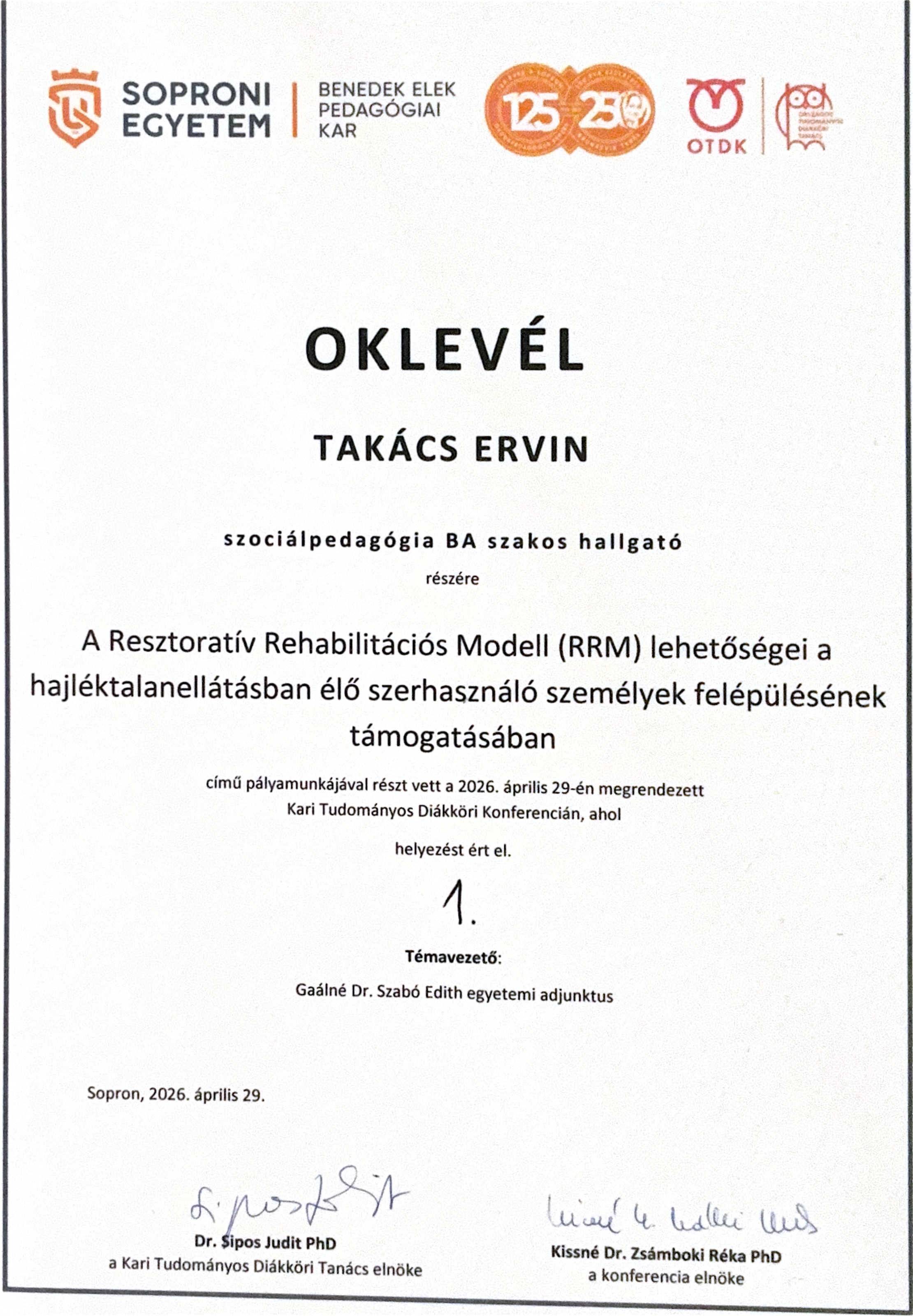 Kari Tudományos Diákköri Konferencia oklevél – 1. helyezés, Soproni Egyetem