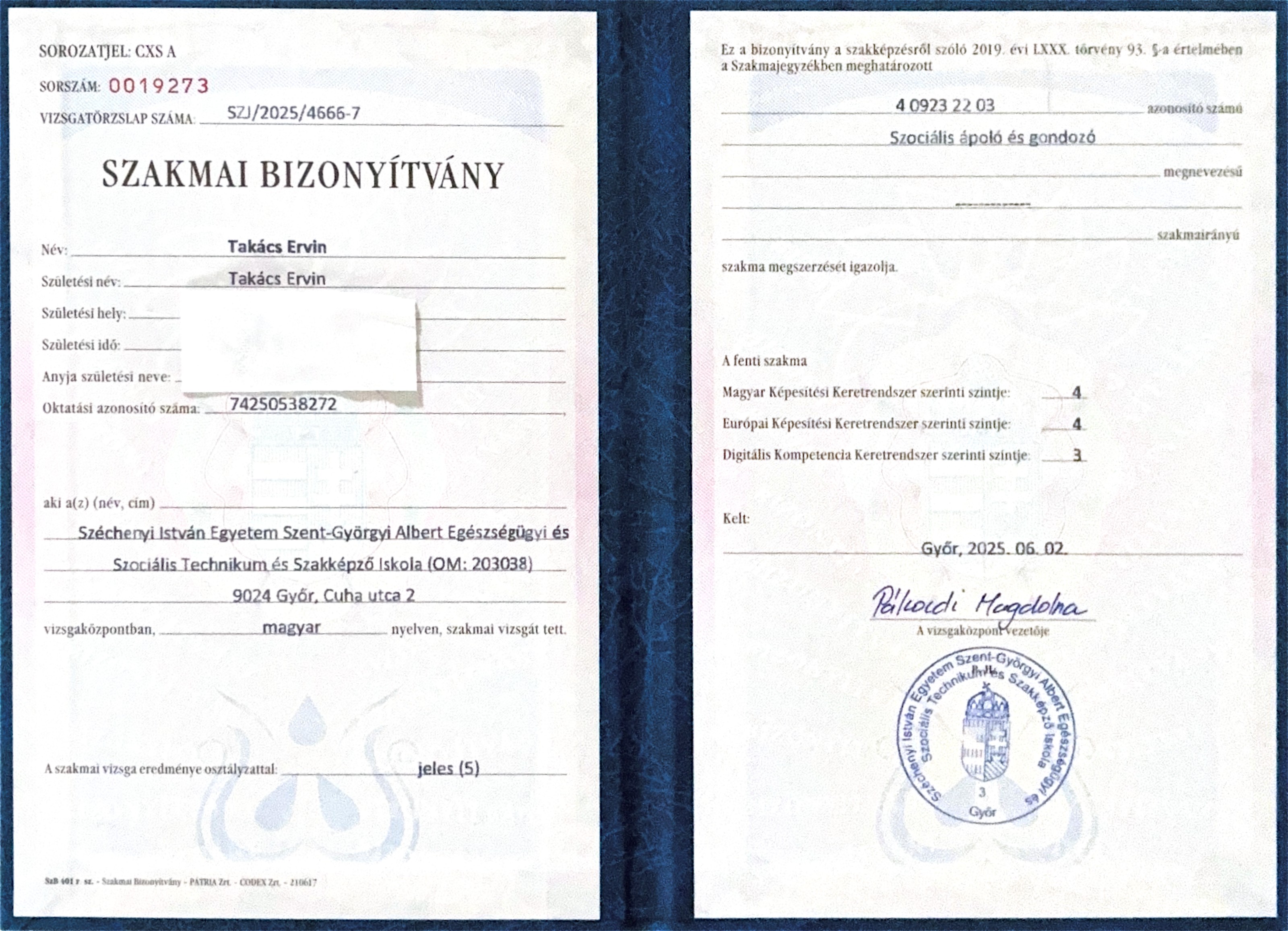 Szociális ápoló és gondozó szakmai bizonyítvány – Széchenyi István Egyetem, jeles
